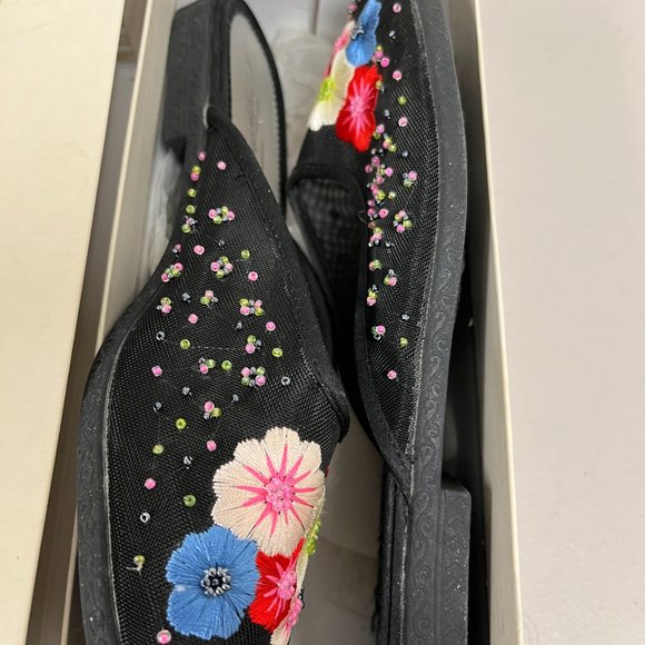 Lucy Pereda black red pink floral embroidered beaded flats mules slides 9 box - Picture 8 of 8